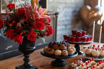Elegant dessert table with a variety of pastries and flowers, ideal for sophisticated celebrations.

