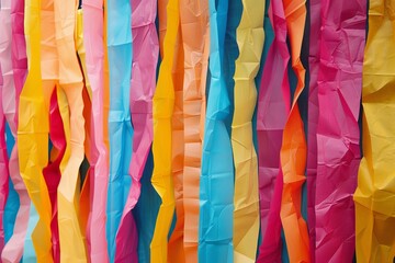 Colorful paper streamers creating a festive backdrop, ideal for parties or celebratory events.

