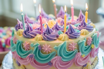 Multicolored birthday cake adorned with candles and intricate icing, perfect for festive celebrations.

