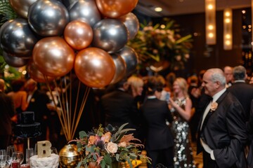Elegant adult party scene with guests in formal wear and golden balloons, creating a sophisticated atmosphere.

