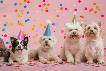 A group of diverse dogs at a party with colorful party hats and a vibrant pink confetti background.

