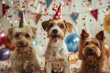 Cheerful dogs wearing party hats celebrating with a festive background filled with balloons and confetti.

