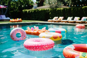 Vibrant pool party scene with colorful floats and lounge chairs, capturing the essence of summer fun and relaxation.

