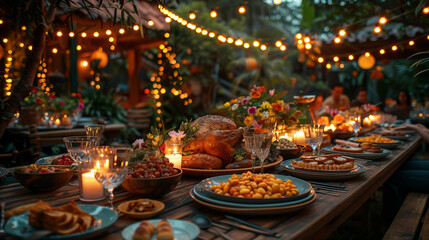Elegant Outdoor Dinner Party with Festive Lights - Generative AI