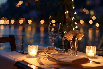 Outdoor romantic dinner by candlelight with elegant table settings, offering a mesmerizing view and intimate atmosphere.

