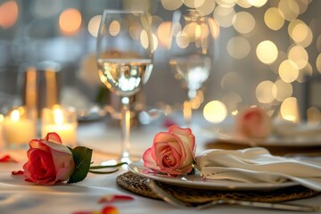 Romantic dinner setting with roses, wine glasses, and candles, offering an intimate and enchanting dining experience.

