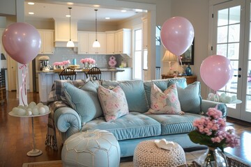 Elegantly decorated living room for a celebration, featuring pastel balloons, stylish sofas, and a well-set coffee table.

