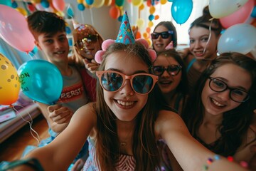 A lively group of teenagers wearing party hats and sunglasses celebrates with balloons and a festive atmosphere.

