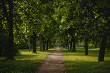 The path of a green park with a lot of trees