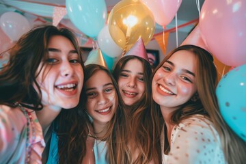 Joyful teenage girls celebrating with balloons and party hats, capturing a fun selfie at a vibrant birthday party.

