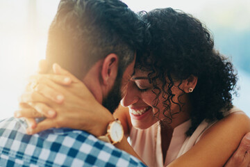 Face, hug and smile with couple together for bonding, marriage or relationship on lens flare. Excited, happy or love with man and woman embracing for safety, security or support closeup in summer - Powered by Adobe