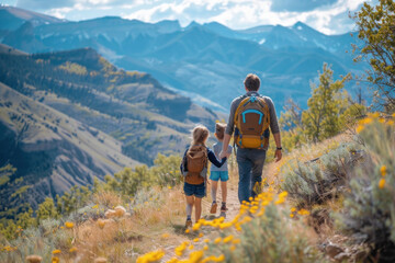 Caucasian family hiking together in majestic mountain scenery, surrounded by lush greenery and wildflowers.