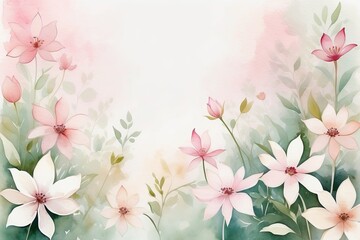 Delicate floral watercolor composition with copy space in green and pink colors. Greeting card, invitation, banner, any design