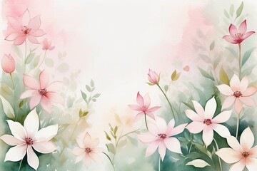 Naklejka premium Delicate floral watercolor composition with copy space in green and pink colors. Greeting card, invitation, banner, any design