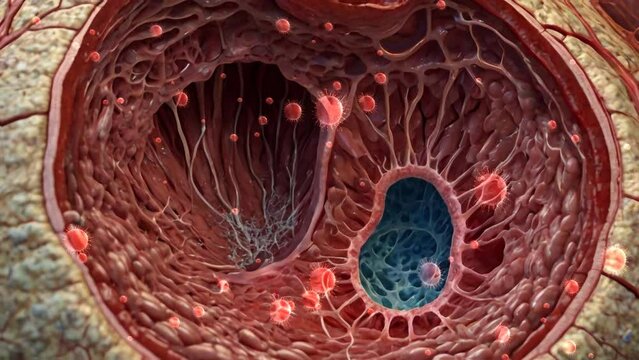 A virus bursts from a damaged cell, spreading rapidly