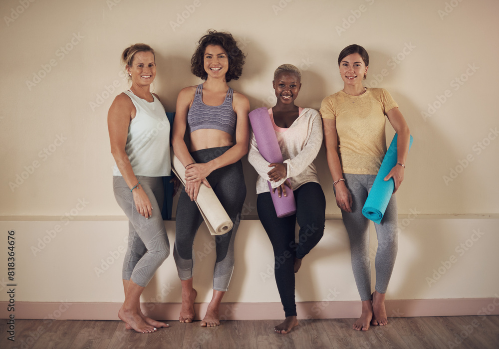 Sticker Wall, group and friends for relax in yoga class, activewear and smile for fitness in wellness centre. Workout, portrait and training in studio for flexibility, pilates and health and holistic hobby