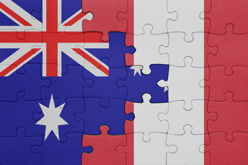 puzzle with the colourful national flag of peru and flag of australia.
