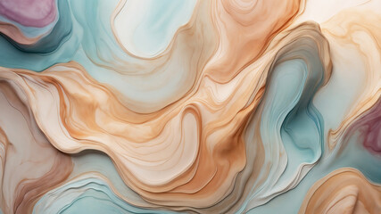 Abstract background, wood texture with flowing pastel patterns in teal, peach, and beige tones.