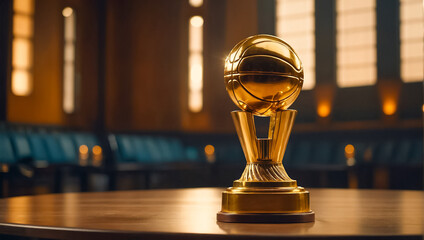 Golden trophy cup winner basketball ball