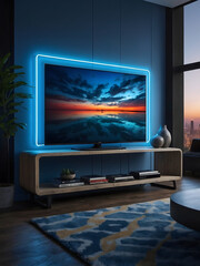 Smart tv in modern living room with blue neon lights, 3d render.