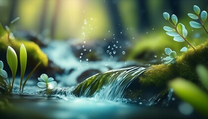 Beautiful spring detailed close up stream of fresh water with young green plants. Horizontal banner, springtime concept. Abstract outdoor wild nature background.