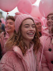 A group of people celebrating pink day at a party. 