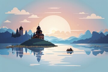 Mystical lake surrounded  by hills and trees, vector style illustration