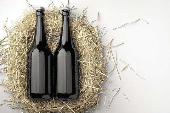 Two bottles of beer are sitting on a bed of straw - Powered by Adobe