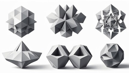 Set of Abstract  Geometric three-dimensional  elements in different shapes in gray colors, isolated on white