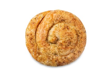 Spiral filo dough Greek pie with filling on a white isolated background