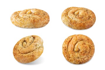 Spiral filo dough Greek pie with filling on a white isolated background