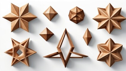 Set of Abstract Geometric three-dimensional shapes made of wood, isolated on white