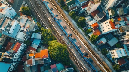 Aerial view of a train riding on the track with residential buildings at sides