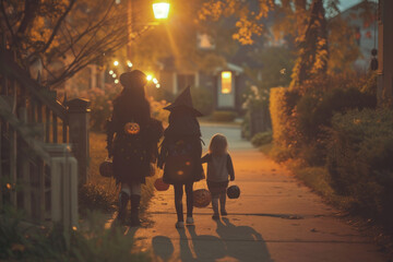 A family enjoys a cozy Halloween evening trick-or-treating in a dimly lit suburban neighborhood.