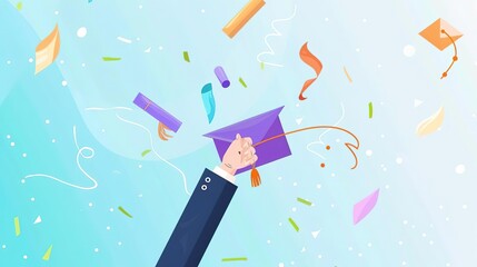 A hand holding a graduation cap. The cap is purple and has a tassel. The background is light blue and there are confetti falling.