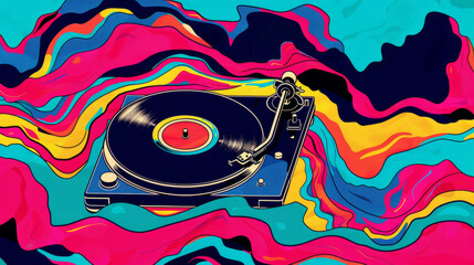 pop art 60s psychedelic colorful trippy retro style image of vinyl record album on a turntable with...