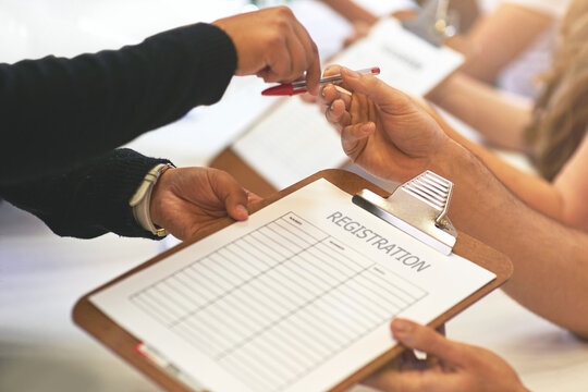 Hands, pen and people with registration document for government voting station in community. Volunteer, clipboard and election worker with person for information paperwork with signing for compliance