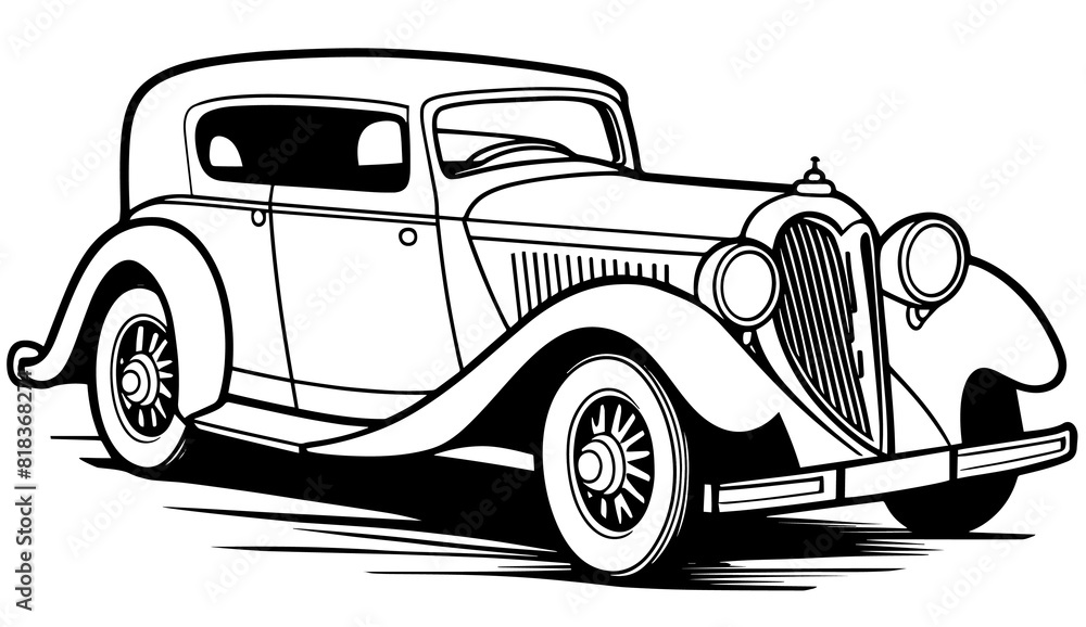 Wall mural antique car for a children's coloring book, transparent background.