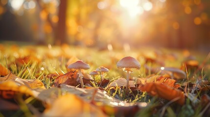 beautiful closeup of forest mushrooms in grass, autumn season. little fresh mushrooms, growing in Autumn Forest. mushrooms and leafs in forest. Mushroom picking concept. Magical - Powered by Adobe