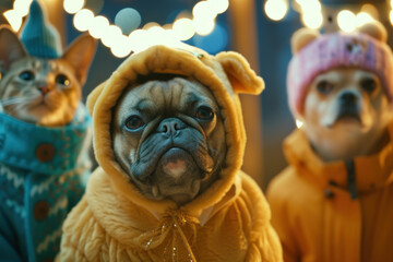  Pets dressed in winter costumes, showcasing a pug in a lion mane and friends in cute outfits against a festive backdrop.