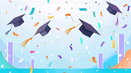 Create a modern and dynamic illustration of graduation caps flying in the air with colorful confetti
