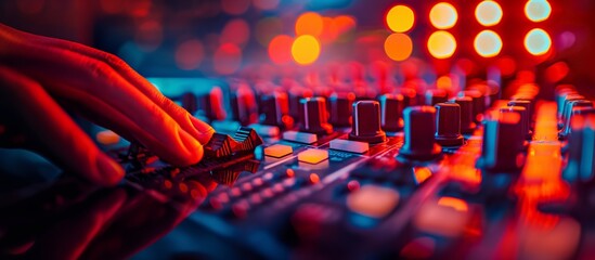 Close-up of a hand adjusting controls on a sound mixing console, with colorful lights in the...