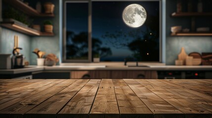 Empty Beautiful wood table top and moonlight modern kitchen interior background