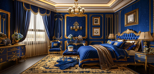 A lavish bedroom featuring a royal blue and gold decor from the bed's perspective