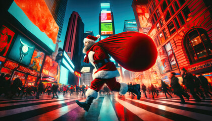 Vibrant depiction of Santa Claus rushing through a bustling Times Square, capturing the festive...