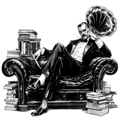 Dapper gentleman with a bow tie relaxes on a leather sofa, surrounded by classic books and a vintage record player, sketch engraving, black and white, PNG Illustration