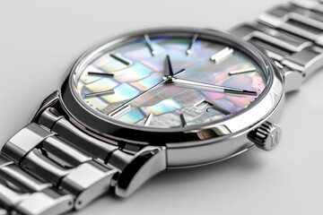  Sleek wristwatch featuring an iridescent mother-of-pearl dial encased in stainless steel, exuding sophistication.