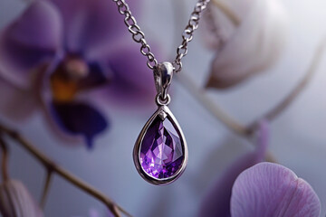 Stunning amethyst pendant gracefully showcased against a backdrop of soft violet orchids.