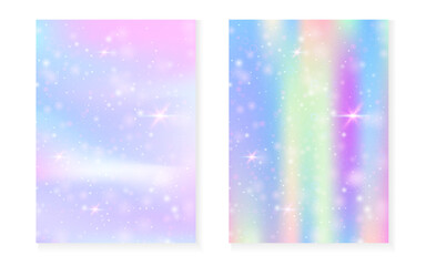 Kawaii background with rainbow princess gradient. Magic unicorn hologram. Holographic fairy set. Spectrum fantasy cover. Kawaii background with sparkles and stars for cute girl party invitation.
