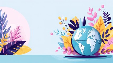 A beautiful digital painting of a globe with colorful flowers and leaves in the background